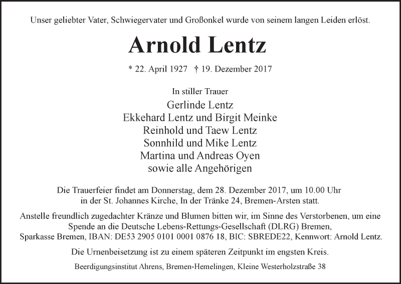  Traueranzeige für Arnold Lentz vom 22.12.2017 aus WESER-KURIER