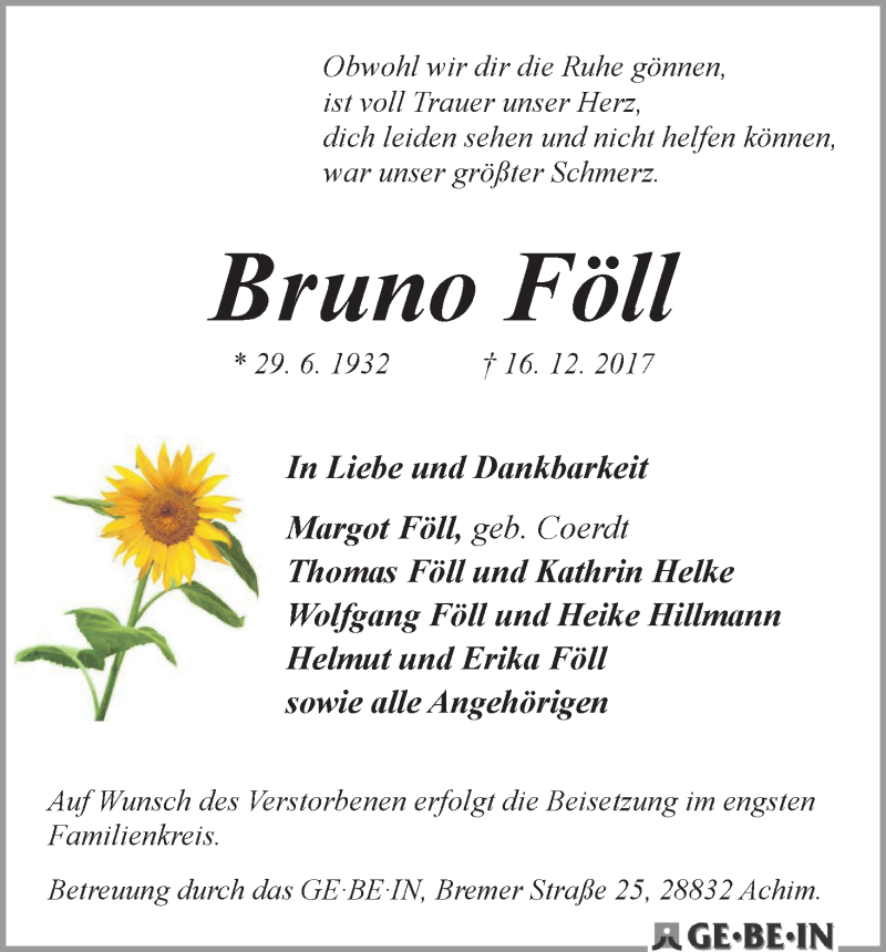  Traueranzeige für Bruno Föll vom 23.12.2017 aus WESER-KURIER