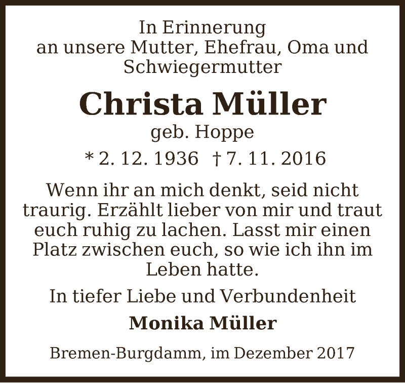 Traueranzeige für Christa Müller vom 02.12.2017 aus Die Norddeutsche