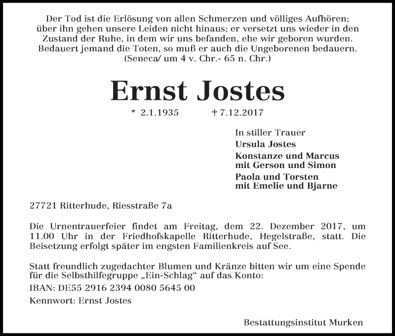  Traueranzeige für Ernst Jostes vom 13.12.2017 aus Osterholzer Kreisblatt