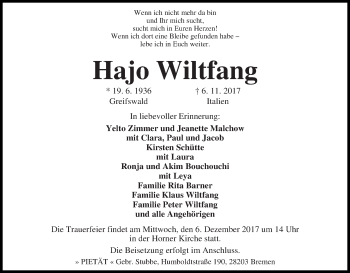 Traueranzeige von Hajo Wiltfang