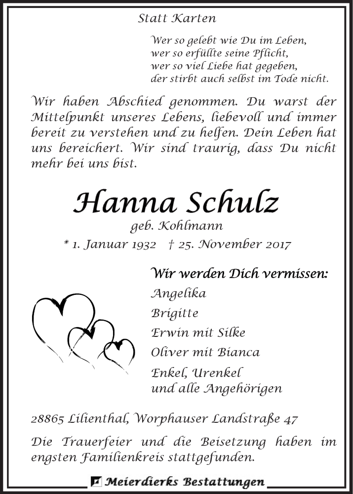  Traueranzeige für Hanna Schulz vom 09.12.2017 aus Wuemme Zeitung