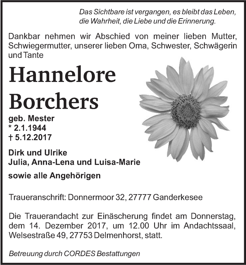 Traueranzeige von Hannelore Borchers von WESER-KURIER