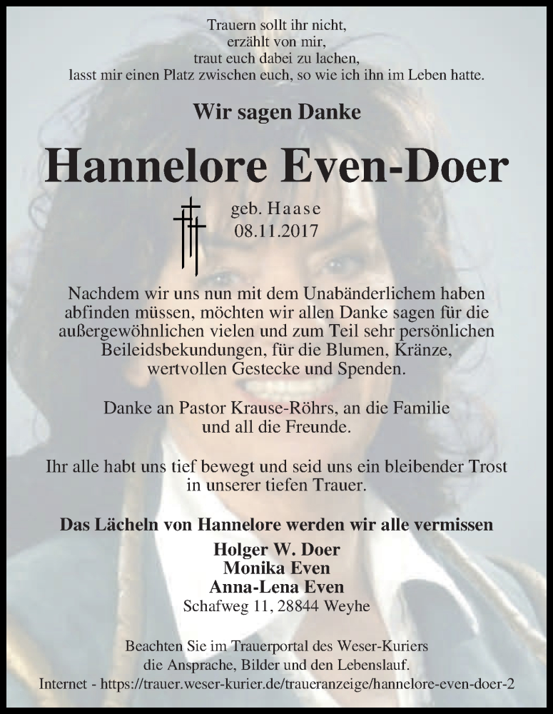 Traueranzeige für Hannelore Even-Doer   vom 23.12.2017 aus WESER-KURIER