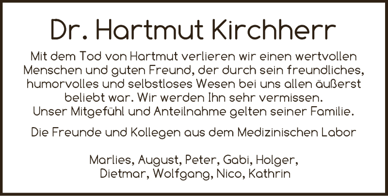  Traueranzeige für Hartmut Kirchherr vom 02.12.2017 aus WESER-KURIER