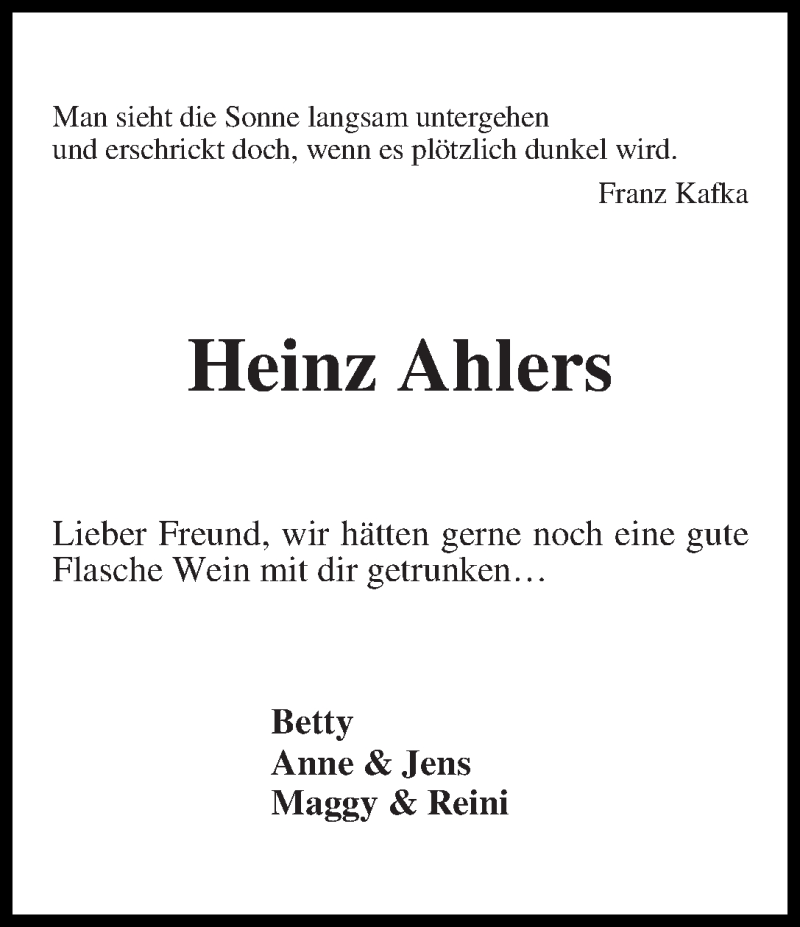  Traueranzeige für Karl-Heinrich (Heinzi) Ahlers vom 06.12.2017 aus WESER-KURIER
