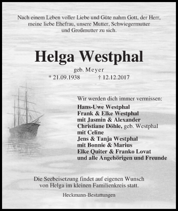 Traueranzeige von Helga Westphal