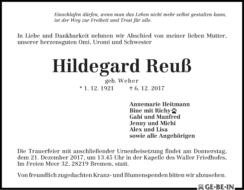 Traueranzeige von Hildegard Reuß von WESER-KURIER