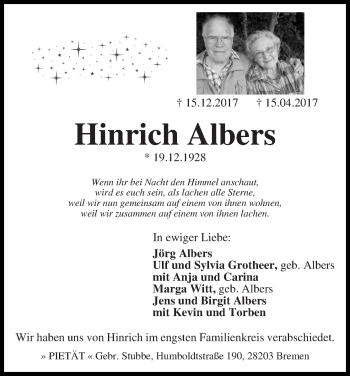 Traueranzeige von Hinrich Albers