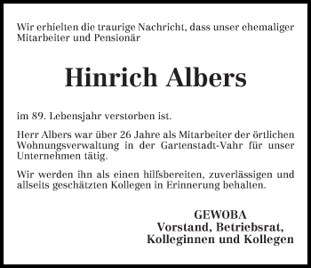 Traueranzeige von Hinrich Albers