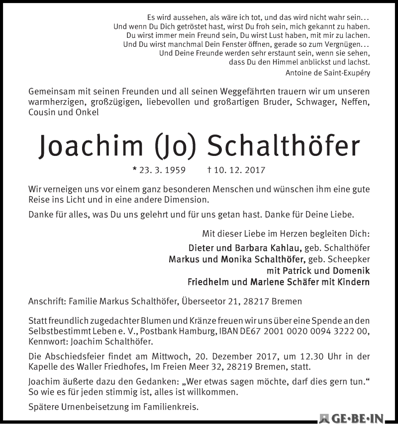  Traueranzeige für Joachim (Jo) Schalthöfer vom 16.12.2017 aus WESER-KURIER