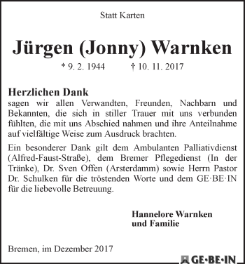 Traueranzeige von Jürgen (Jonny) Warnken