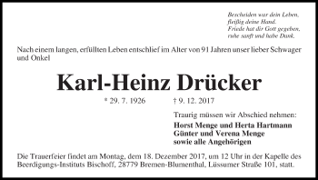 Traueranzeige von Karl-Heinz Drücker
