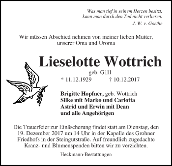 Traueranzeige von Lieselotte Wottrich