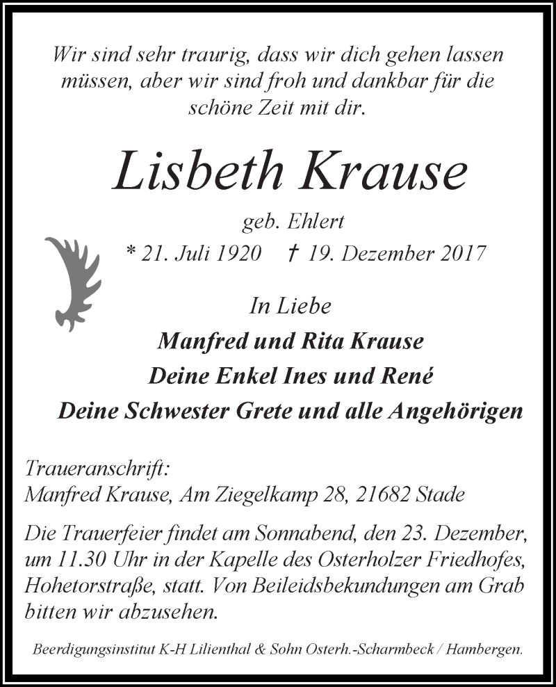 Traueranzeige von Lisbeth Krause von Osterholzer Kreisblatt