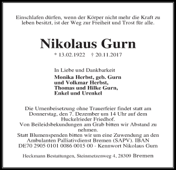 Traueranzeige von Nikolaus Gurn