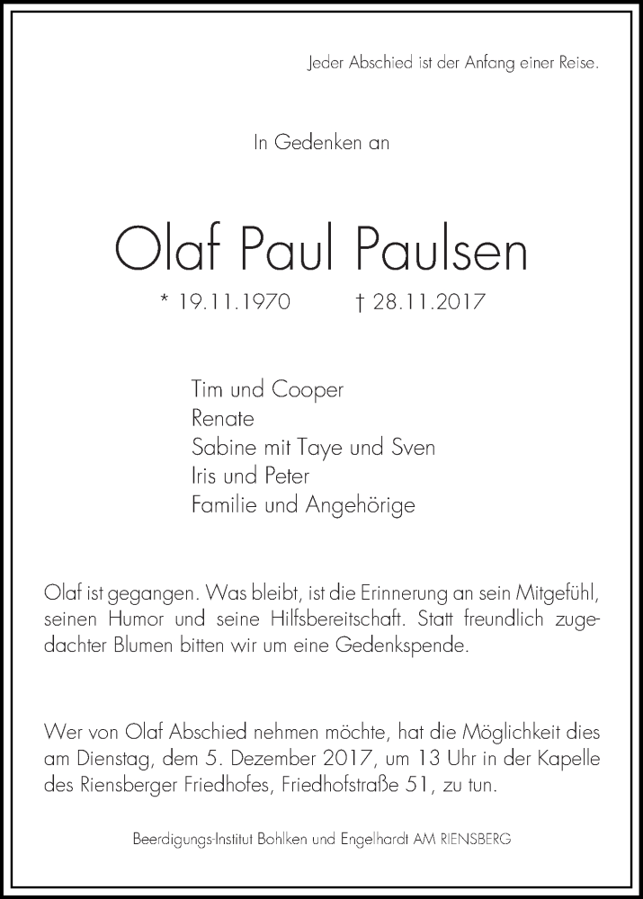  Traueranzeige für Olaf Paul Paulsen vom 02.12.2017 aus WESER-KURIER