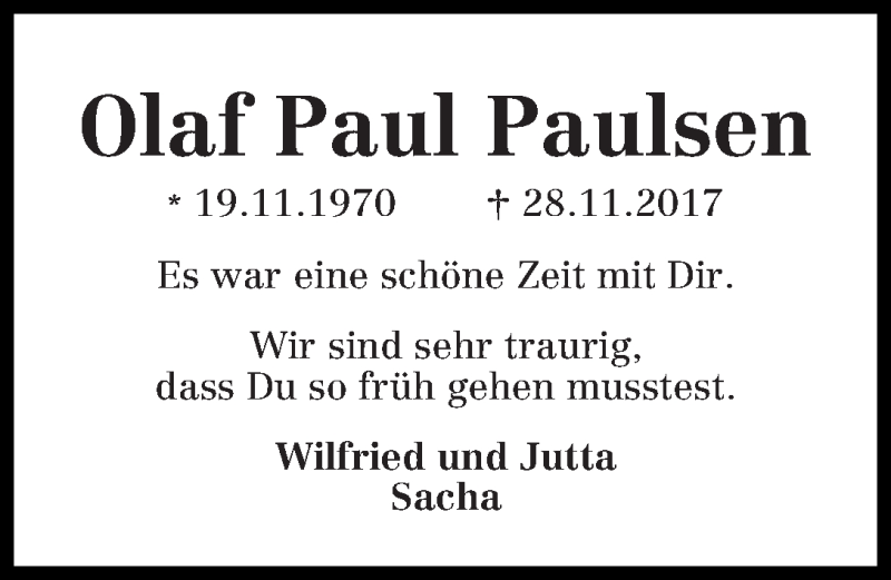  Traueranzeige für Olaf Paul Paulsen vom 02.12.2017 aus WESER-KURIER