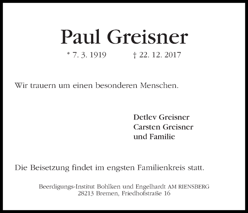  Traueranzeige für Paul Greisner vom 30.12.2017 aus WESER-KURIER