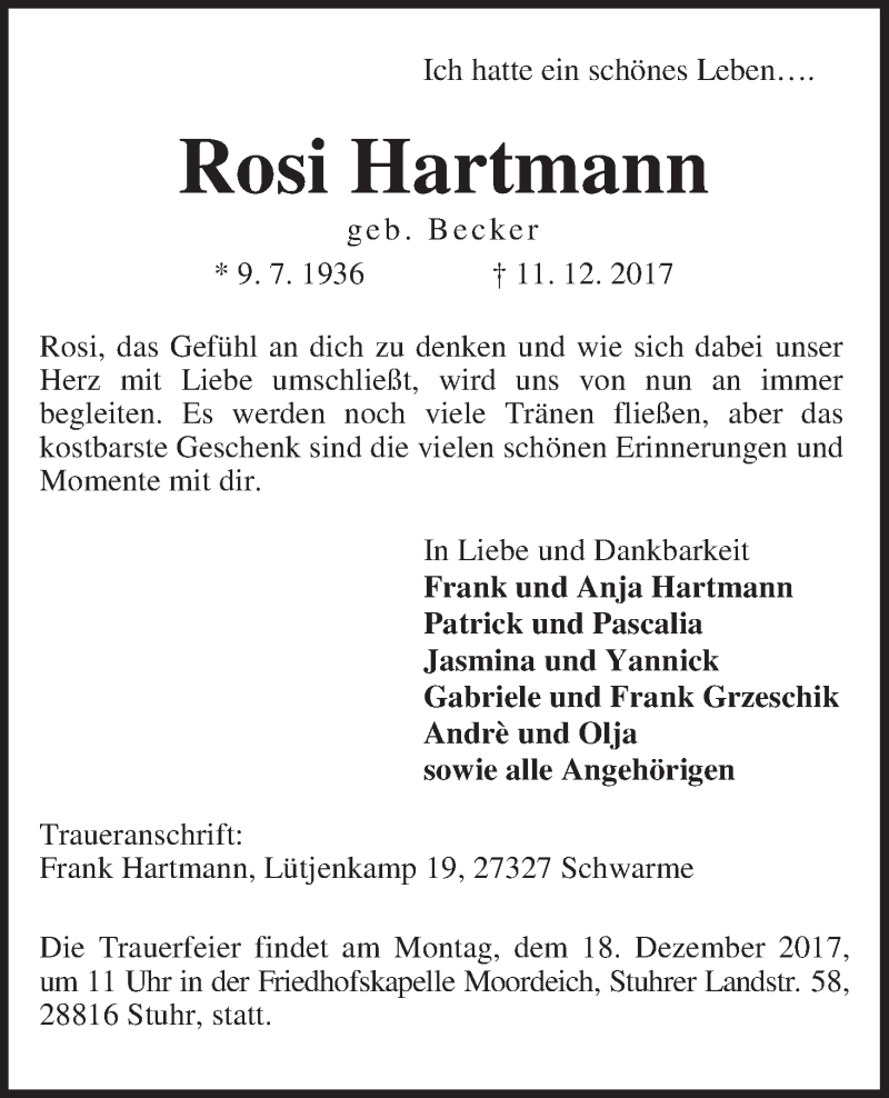 Traueranzeige für Rosi Hartmann vom 13.12.2017 aus WESER-KURIER