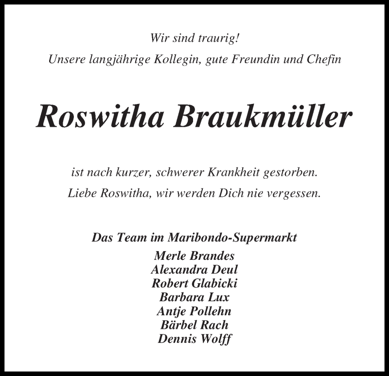 Traueranzeige von Roswitha Braukmüller von Die Norddeutsche