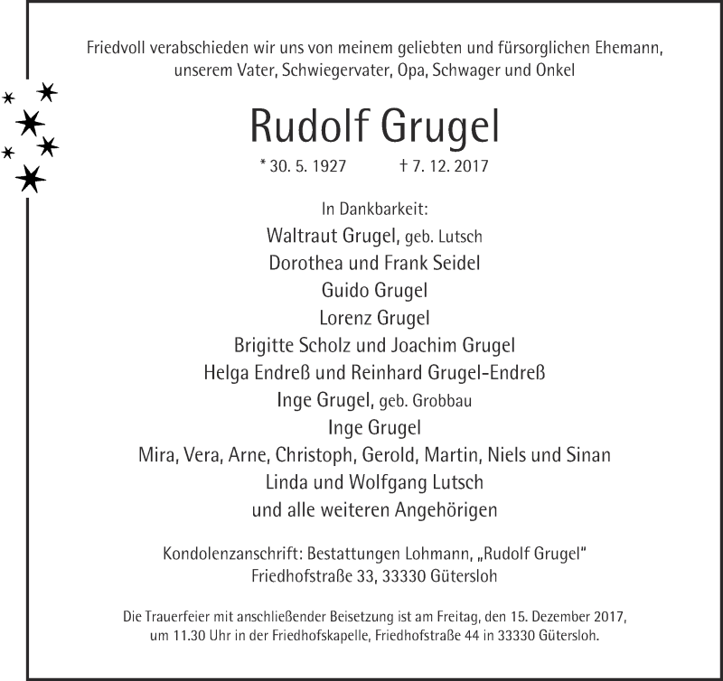 Traueranzeige von Rudolf Grugel von Osterholzer Kreisblatt