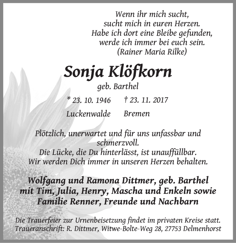  Traueranzeige für Sonja Klöfkorn vom 03.12.2017 aus Regionale Rundschau/Syker Kurier