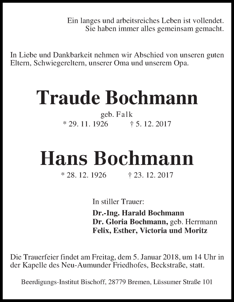 Traueranzeige von Traude und Hans Bochmann von Die Norddeutsche
