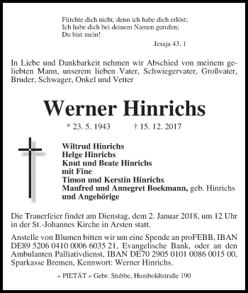 Traueranzeige von Werner Hinrichs
