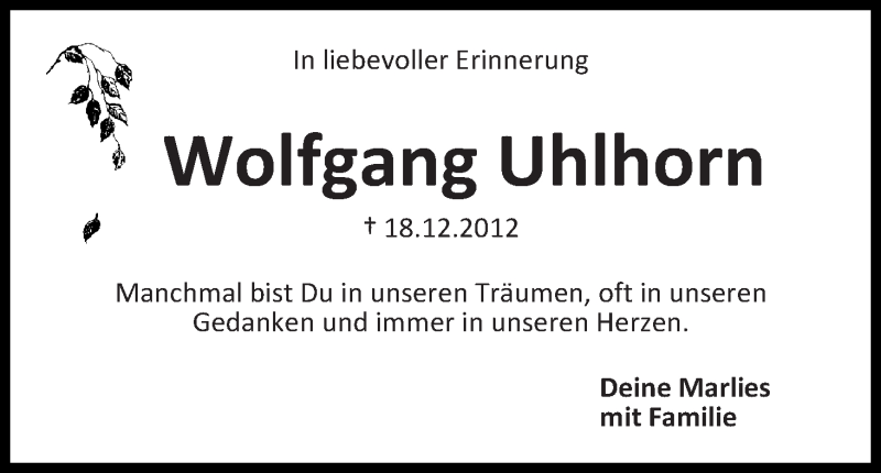  Traueranzeige für Wolfgang Uhlhorn vom 18.12.2017 aus Die Norddeutsche
