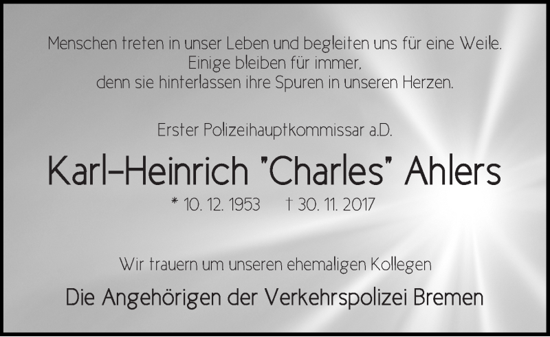  Traueranzeige für Karl-Heinrich (Heinzi) Ahlers vom 06.12.2017 aus WESER-KURIER