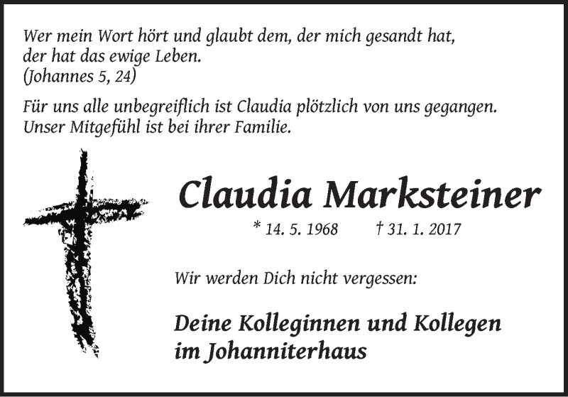 Traueranzeige von Claudia Marksteiner von WESER-KURIER
