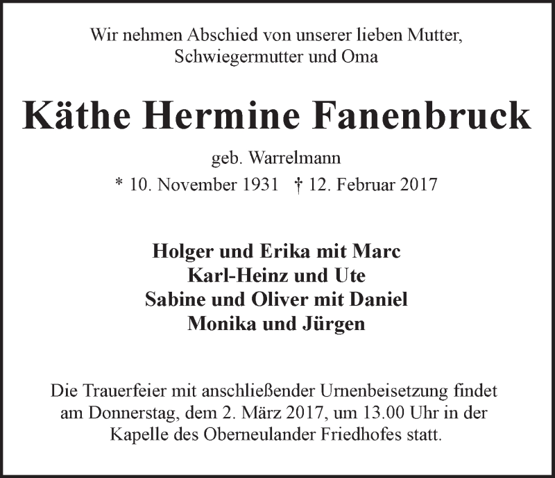  Traueranzeige für Käthe Hermine Fanenbruck vom 27.02.2017 aus WESER-KURIER