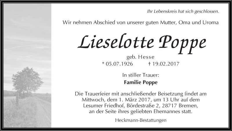 Traueranzeige von Lieselotte Poppe von Die Norddeutsche