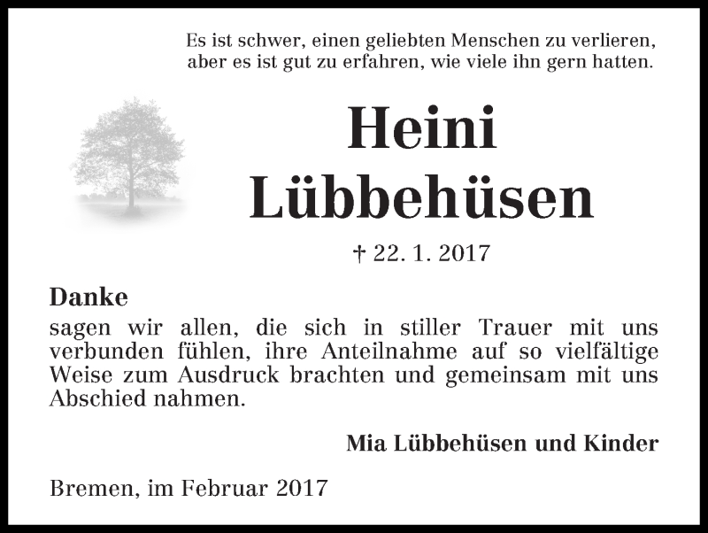 Traueranzeige von Heini Lübbehüsen von WESER-KURIER