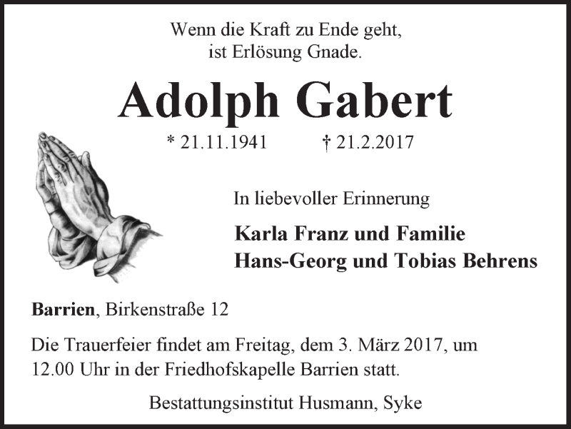 Traueranzeige von Adolph Gabert von WESER-KURIER