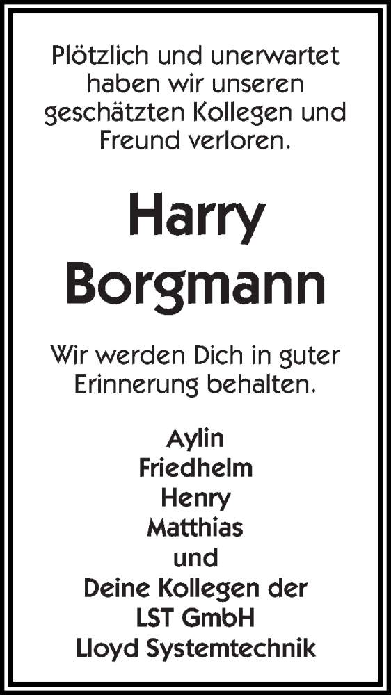  Traueranzeige für Harry Borgmann vom 04.02.2017 aus WESER-KURIER