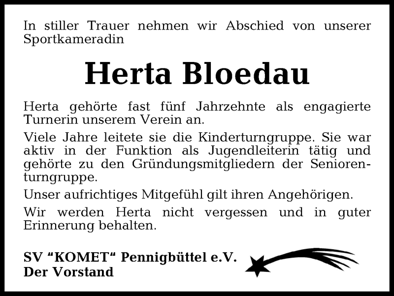 Traueranzeige von Herta Bloedau von Osterholzer Kreisblatt