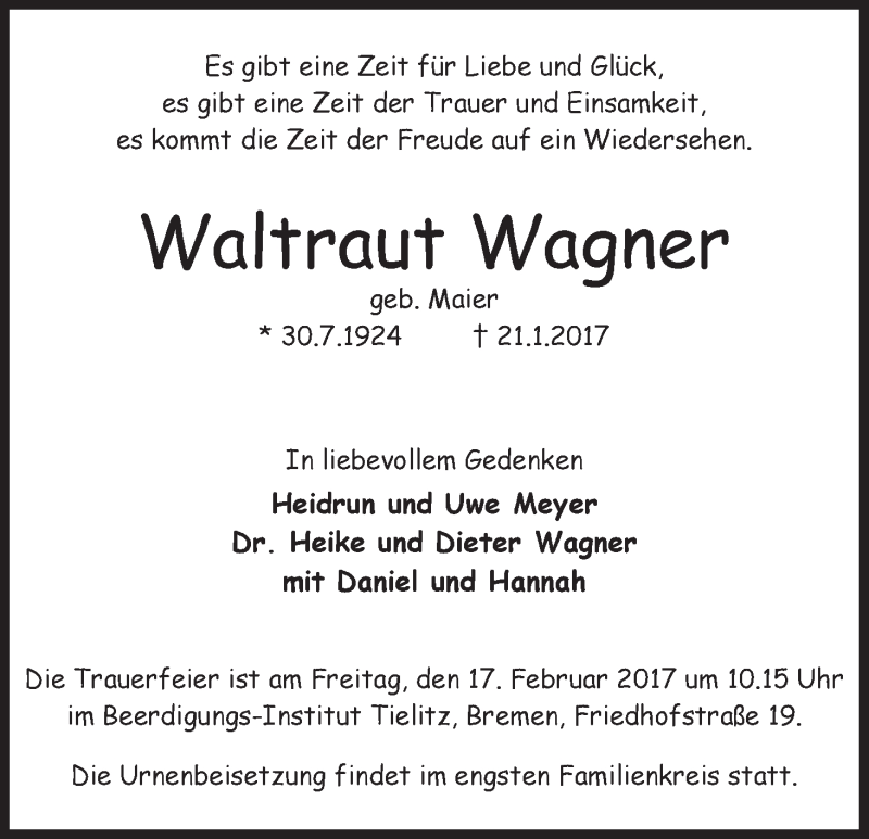 Traueranzeige von Waltraut Wagner von WESER-KURIER