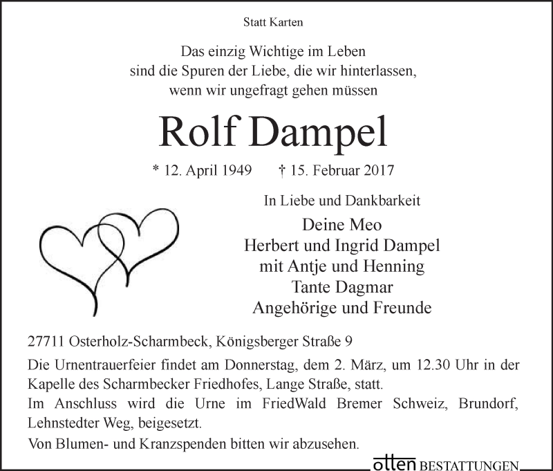 Traueranzeige von Rolf Dampel von Osterholzer Kreisblatt