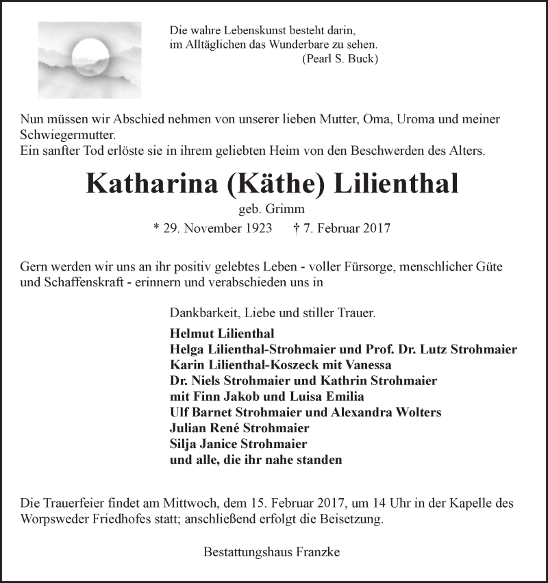 Traueranzeige von Katharina (Käthe) Lilienthal von Wuemme Zeitung