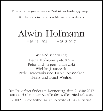 Traueranzeige von Alwin Hofmann