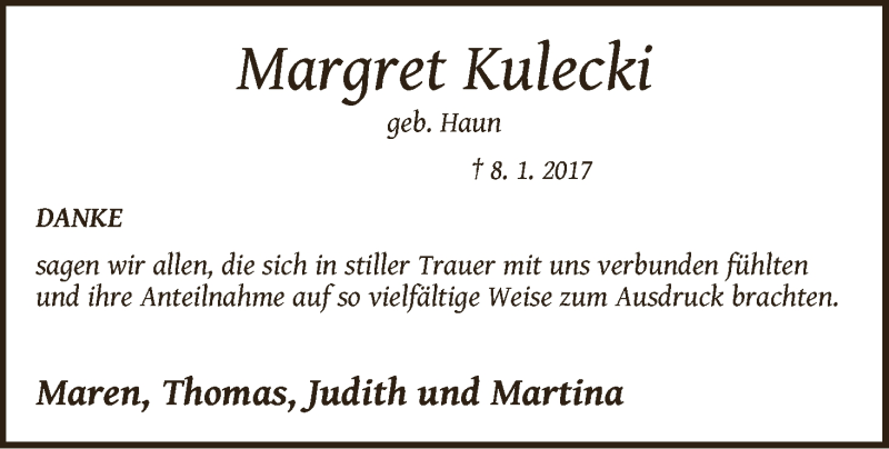 Traueranzeige von Margret Kulecki von WESER-KURIER