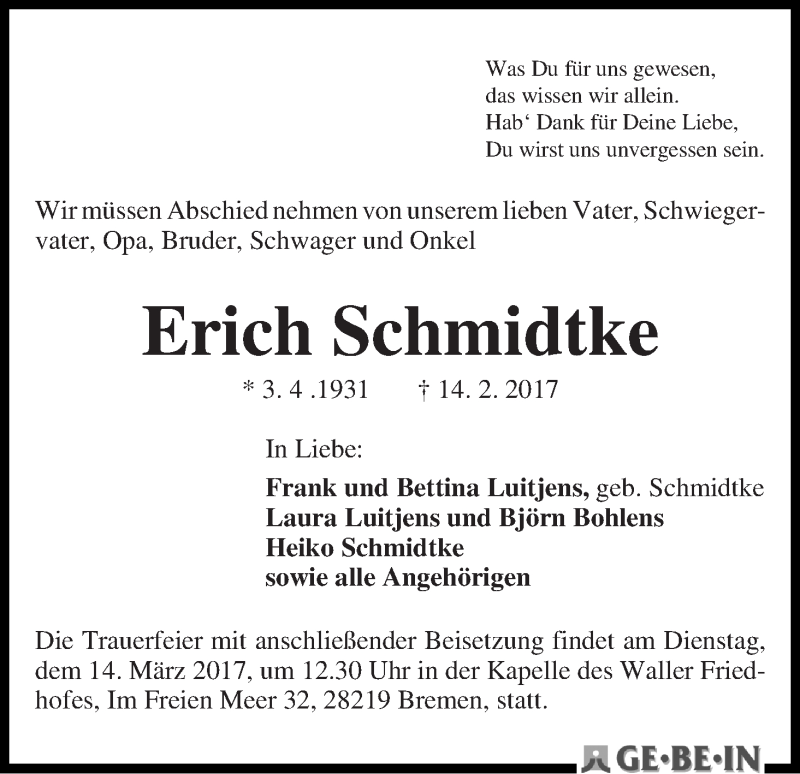Traueranzeige von Erich Schmidtke von WESER-KURIER