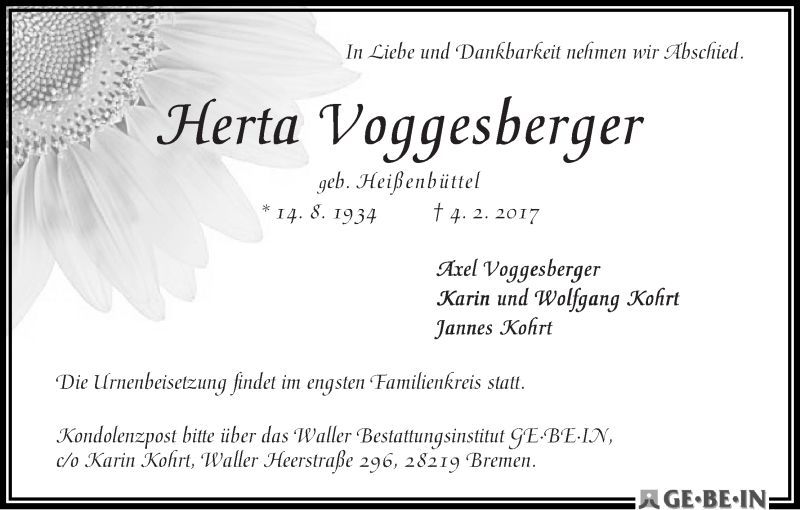 Traueranzeige von Herta Voggesberger von WESER-KURIER