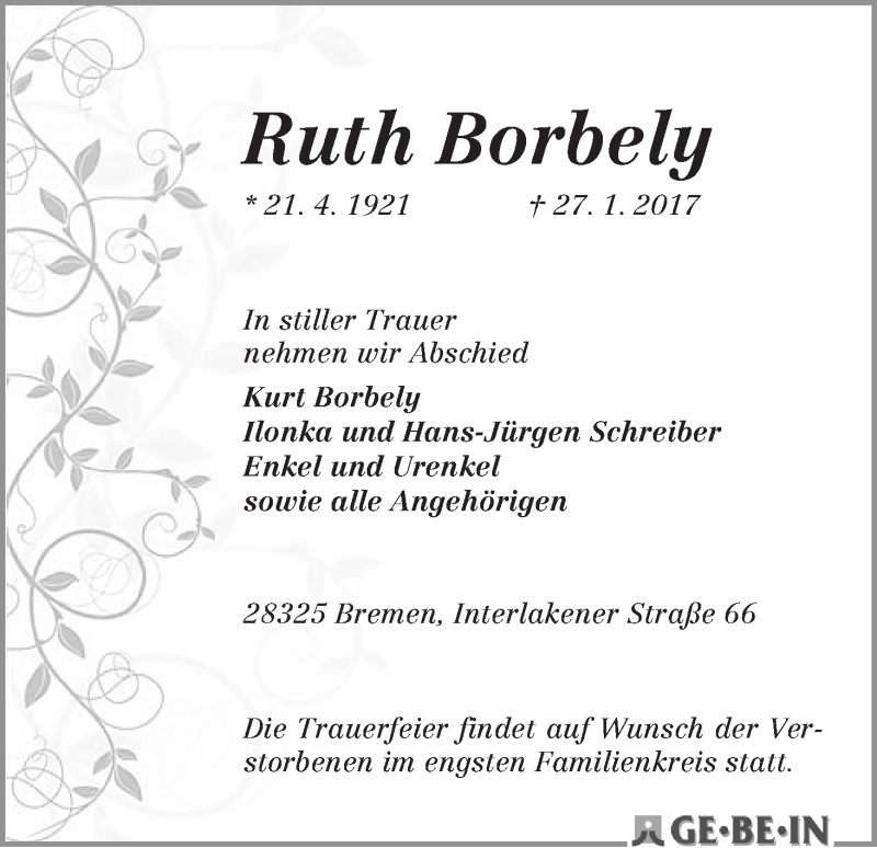 Traueranzeige von Ruth Borbely von WESER-KURIER