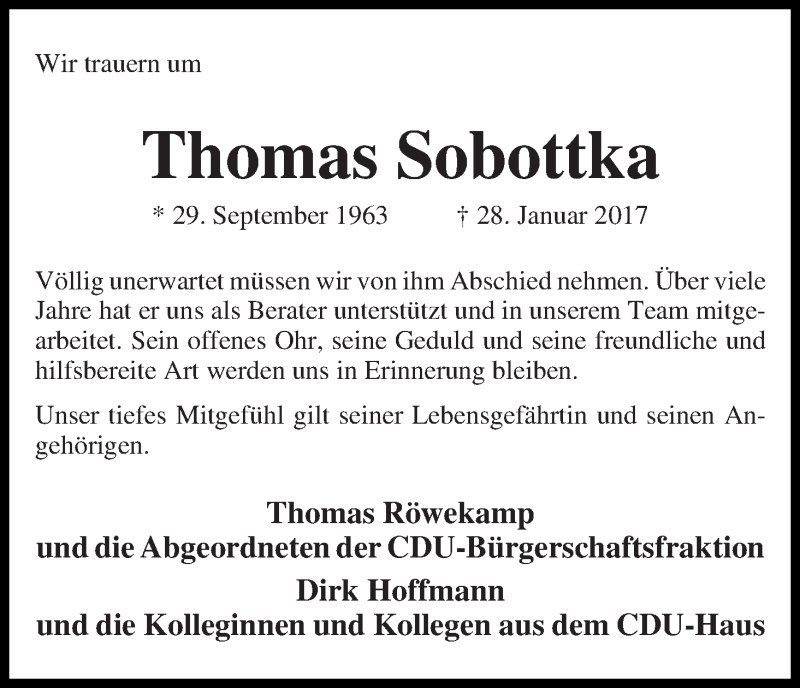 Traueranzeige von Thomas Sobottka von WESER-KURIER