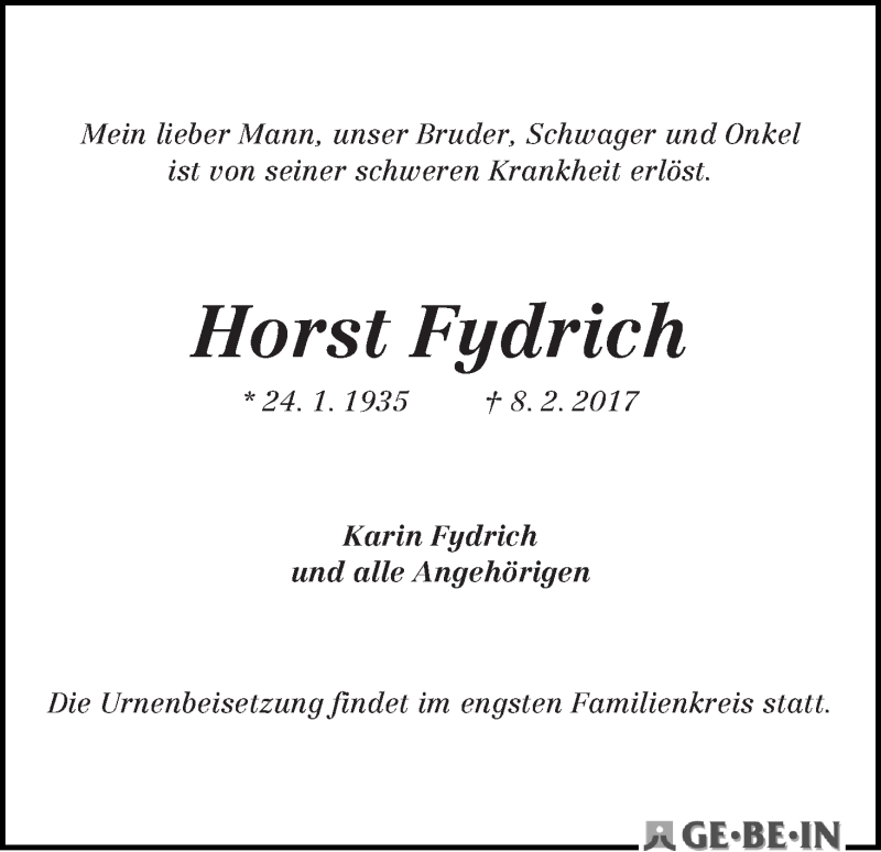 Traueranzeige von Horst Fydrich von WESER-KURIER