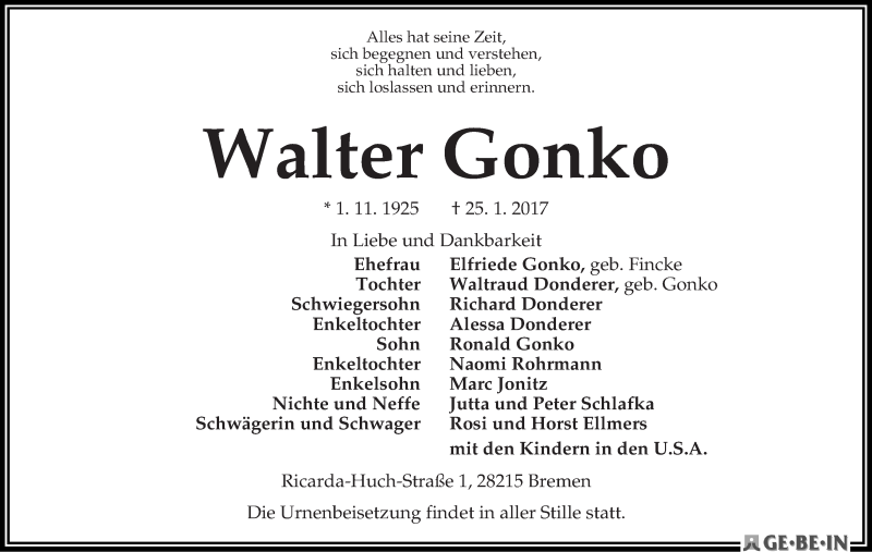 Traueranzeige von Walter Gonko von WESER-KURIER