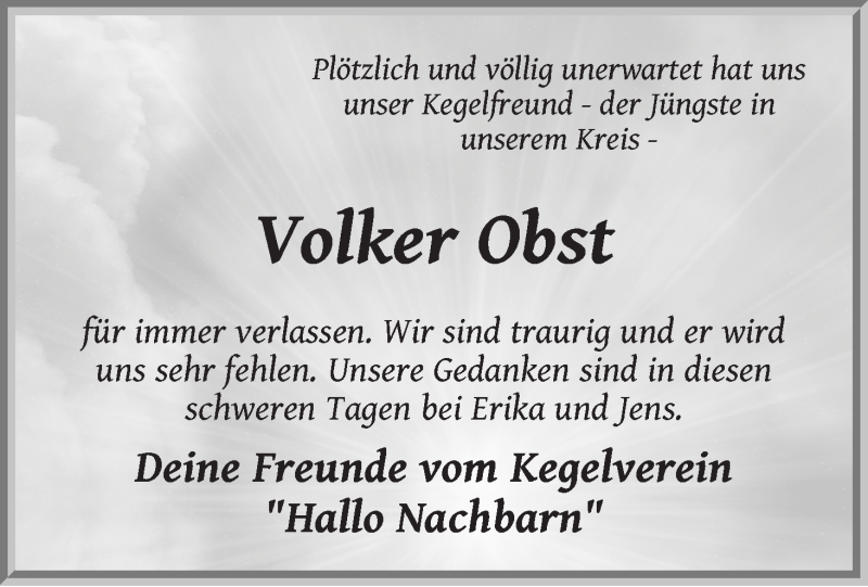Traueranzeige von Volker Obst von WESER-KURIER